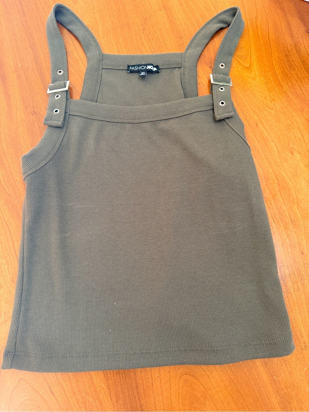 Fashion Nova Olive Ribbed Tank with Buckle Straps